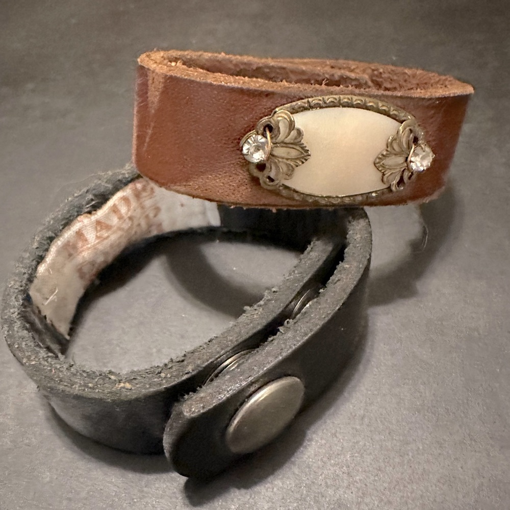 Made in the Deep South distressed leather and vintage brooch cuff
